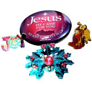 Vintage Christmas Pins Holly Wreath Angel JOY Jesus Button Vintage Christmas